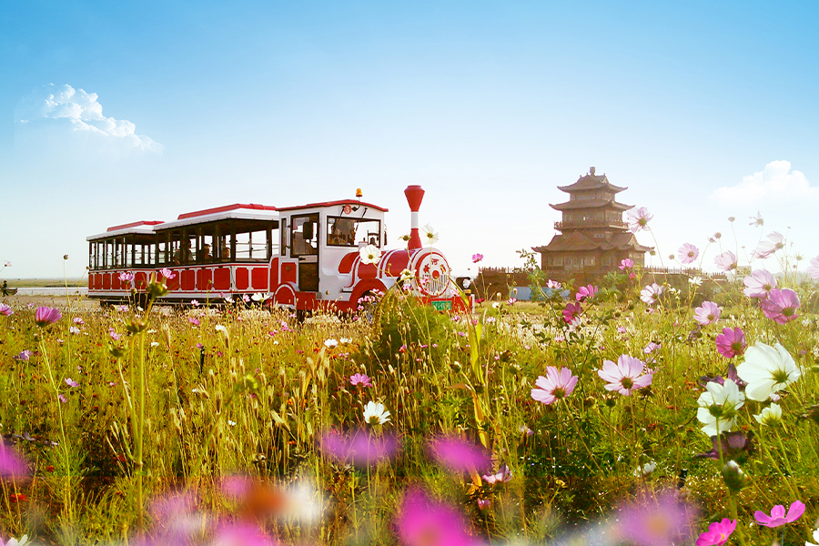 รถไฟโดยสารแบบปิด 20 ที่นั่งแบบคลาสสิกขนาดใหญ่ที่ไม่มีรางรถไฟ